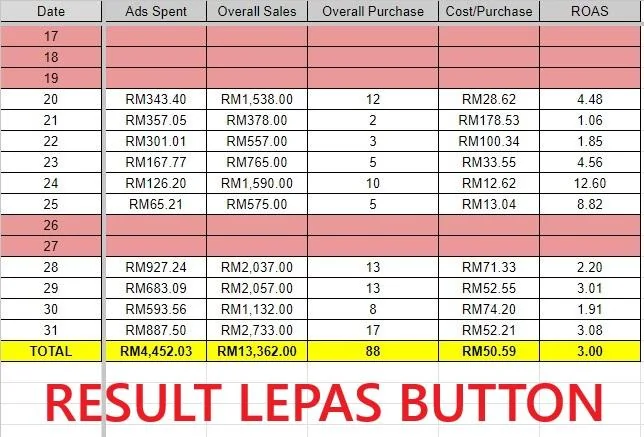 Screenshot sebenar lembaran jualan: ROAS dan kos per pembelian selepas butang ditambah