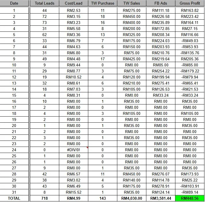 Screenshot sebenar lembaran leads: jumlah leads, kos per lead dan keuntungan kasar