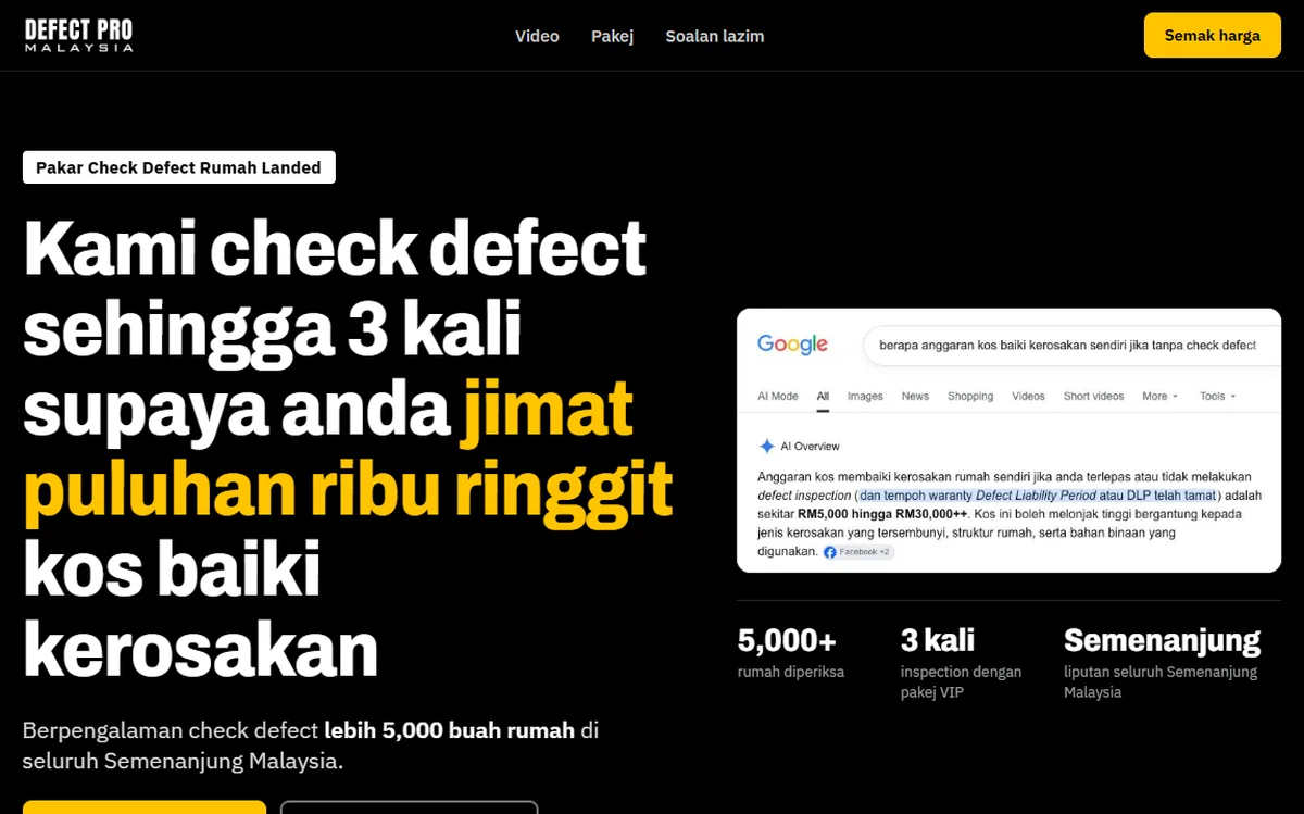 Landing page Defect Pro untuk servis check defect rumah